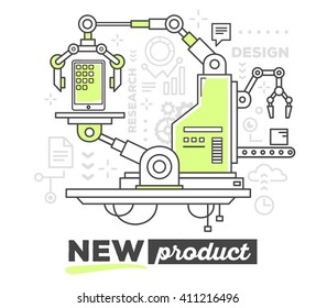 Vector illustration of creative professional mechanism to produce a new phone with text on white background. Draw flat thin line art style monochrome design with green color for phone production theme