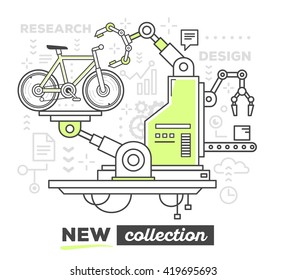 Vector illustration of creative professional mechanism to produce a new bicycle with text on white background. Draw flat thin line art style monochrome design with green color for web, banner, poster
