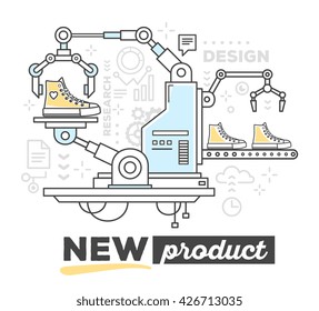 Vector illustration of creative professional mechanism with conveyor to produce new sport footwear with text on white background. Draw flat thin line art style monochrome design for web, site, poster