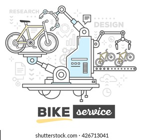 Vector illustration of creative professional mechanism of bike service with text on white background. Draw flat thin line art style monochrome design for web, site, advertising, banner, poster, print