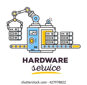 Vector illustration of creative professional mechanism with conveyor to produce a new server with text on light background. Draw flat thin line art style monochrome design for hardware service theme