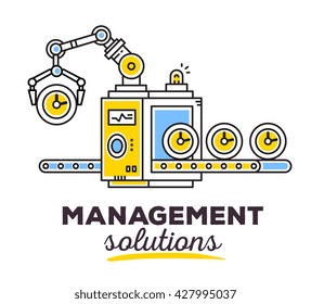 Vector illustration of creative professional mechanism with conveyor to produce new clock with text on light background. Draw flat thin line art style monochrome design for management solutions theme