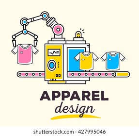 Vector illustration of creative professional mechanism with conveyor to produce new clothes with text on light background. Draw flat thin line art style monochrome design for apparel design theme