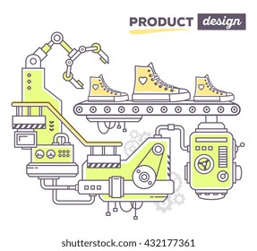 Vector illustration of creative professional mechanism to produce sport footwear on the conveyor belt with text product design on white background. Draw flat thin line art style design for sport shoes