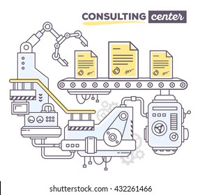 Ilustración vectorial de mecanismo profesional creativo para producir contrato en la correa transportadora, centro de consultoría de texto sobre fondo blanco. Dibujar un diseño de estilo de arte plano y delgado de consultoría empresarial