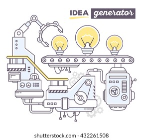 Vector illustration of creative professional mechanism to produce light bulb on the conveyor belt with text idea generator on white background. Draw flat thin line art style design for create idea 