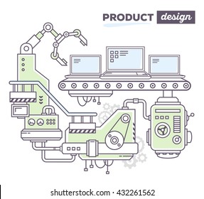 Ilustración vectorial de mecanismo profesional creativo para producir portátil en la correa transportadora, diseño de producto de texto sobre fondo blanco. Dibujar el diseño de diseño de productos para portátiles en líneas delgadas planas