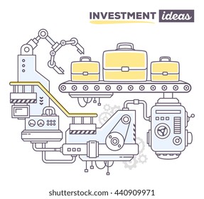 Vector illustration of creative professional mechanism to produce briefcase on conveyor belt with text investment ideas on white background. Draw flat thin line art style design for investment ideas