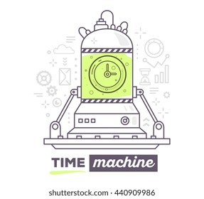 Vector Illustration Of Creative Professional Mechanism Of Time Machine With Gray Icon, Text Time Machine On White Background. Draw Flat Thin Line Art Style Design For Business Time Machine, Management