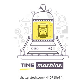 Vector Illustration Of Creative Professional Mechanism Of Time Machine With Gray Icon, Text Time Machine On White Background. Draw Flat Thin Line Art Style Design For Business Time Machine, Management