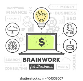 Vector illustration of creative professional process of brainwork with gray keywords on white background. Draw line art style monochrome design with green color for web, site, advertising,poster,print