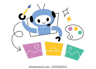 Vector illustration of creative robot using paintbrush and palette, generative AI in art and design. Flat cartoon style with colorful elements and futuristic concept, isolated colored clipart