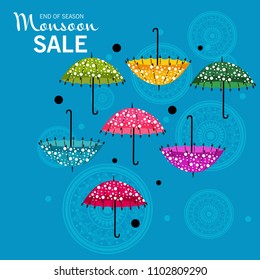 Vector illustration of a Creative Sale Banner for Monsoon Season With Colorful Umbrella,rain drop,Text Space Background.