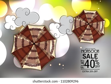 Vector illustration of a Creative Sale Banner for Monsoon Season With Colorful Umbrella,rain drop,Text Space Background.