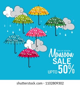 Vector illustration of a Creative Sale Banner for Monsoon Season With Colorful Umbrella,rain drop,Text Space Background.