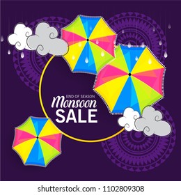 Vector illustration of a Creative Sale Banner for Monsoon Season With Colorful Umbrella,rain drop,Text Space Background.