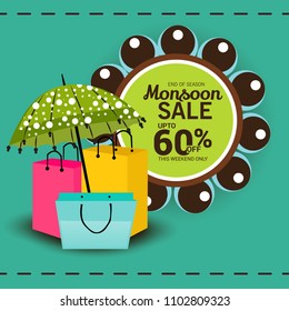 Vector illustration of a Creative Sale Banner for Monsoon Season With Colorful Umbrella,rain drop,Text Space Background.