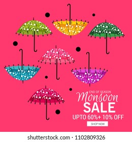 Vector illustration of a Creative Sale Banner for Monsoon Season With Colorful Umbrella,rain drop,Text Space Background.