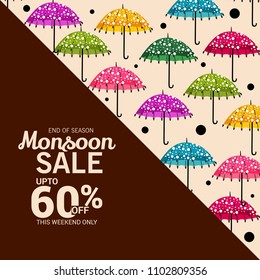 Vector illustration of a Creative Sale Banner for Monsoon Season With Colorful Umbrella,rain drop,Text Space Background.