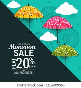 Vector illustration of a Creative Sale Banner for Monsoon Season With Colorful Umbrella,rain drop,Text Space Background.