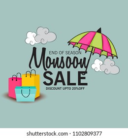 Vector illustration of a Creative Sale Banner for Monsoon Season With Colorful Umbrella,rain drop,Text Space Background.