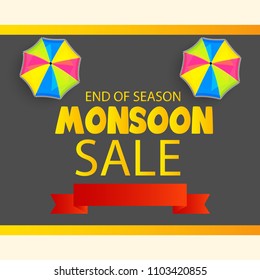Vector illustration of a Creative Sale Banner for Monsoon Season With Colorful Umbrella,rain drop,Text Space Background.
