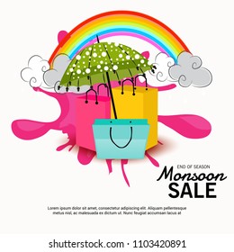 Vector illustration of a Creative Sale Banner for Monsoon Season With Colorful Umbrella,rain drop,Text Space Background.