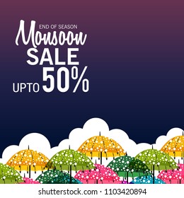 Vector illustration of a Creative Sale Banner for Monsoon Season With Colorful Umbrella,rain drop,Text Space Background.