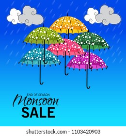 Vector illustration of a Creative Sale Banner for Monsoon Season With Colorful Umbrella,rain drop,Text Space Background.