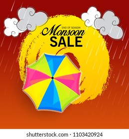 Vector illustration of a Creative Sale Banner for Monsoon Season With Colorful Umbrella,rain drop,Text Space Background.
