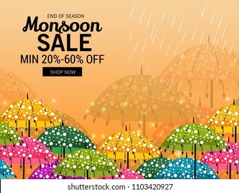 Vector illustration of a Creative Sale Banner for Monsoon Season With Colorful Umbrella,rain drop,Text Space Background.