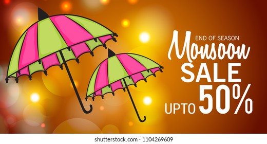 Vector illustration of a Creative Sale Banner for Monsoon Season With Colorful Umbrella,rain drop,Text Space Background.