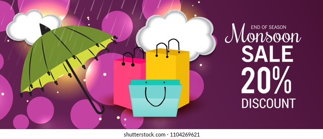 Vector illustration of a Creative Sale Banner for Monsoon Season With Colorful Umbrella,rain drop,Text Space Background.