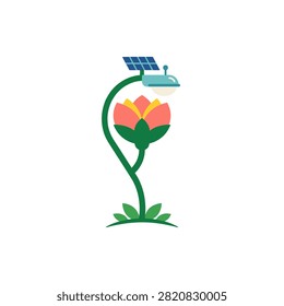 Vector illustration of a creative solar powered street lamp shaped like a blooming flower with a solar panel on top