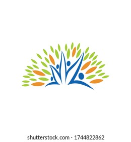 A vector illustration of creative swoosh people with grass and simple leaf logo sign 