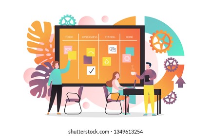 Vector illustration of creative team developing software using agile kanban methodology with cards they move on board from start to finish the process. Agile concept for web banner, website page etc.