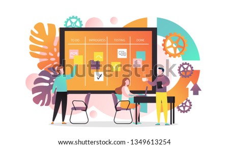 Vector illustration of creative team developing software using agile kanban methodology with cards they move on board from start to finish the process. Agile concept for web banner, website page etc.