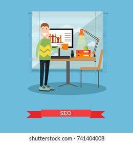 Vector illustration of creative team member website developer at office. Website development project, SEO concept flat style design element.