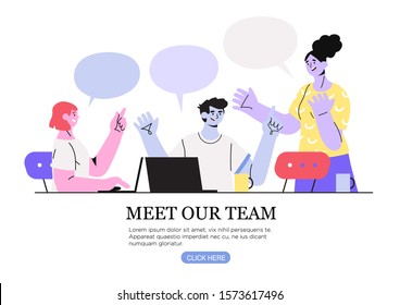 Vector illustration of a creative team on a business meeting discussing new project, generate ideas or having conversation. The concept of meet our team, about us or teambuilding for web design or ui.