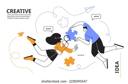 Vector illustration of a creative team putting together a puzzle, a metaphor for the birth of a creative idea. Team thinking and brainstorming. Business concept analysis. graphic design idea