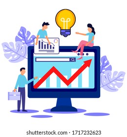 Vector illustration. Creative teamwork. Business people build business projects on the Internet. The monitor screen is a building site. Performance of collective tasks. - Vector.