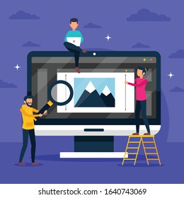 Vector illustration. Creative teamwork. The monitor screen is a building site.