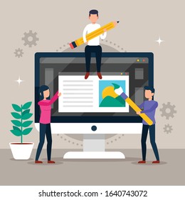 Vector illustration. Creative teamwork. The monitor screen is a building site.