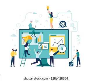 Vector illustration. Creative teamwork. People are building a business project on the Internet. The monitor screen is a building site. Collective performance of tasks. - Vector 