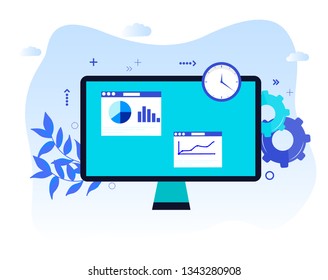 Vector illustration. Creative teamwork. People are building a business project on the Internet.