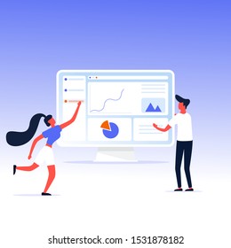 Vector illustration. Creative teamwork. People are building a business project on the Internet. The monitor screen is a building site. Collective performance of tasks. 
