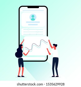Vector illustration. Creative teamwork. People are building a business project on the Internet. The phone screen is a building site. Collective performance of tasks. - Vector