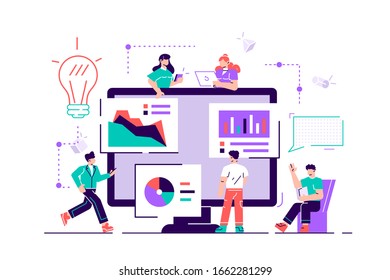 Vector illustration. Creative teamwork. People are building a business project on the Internet. The monitor screen is a building site. Collective performance of tasks. Flat vector modern design style