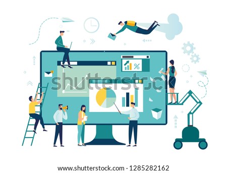 Vector illustration. Creative teamwork. People are building a business project on the Internet. The monitor screen is a building site. Collective performance of tasks. - Vector 