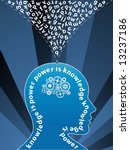 Vector illustration of a creative thinking mind background with alphabet letters coming from the head and gearwork moving inside. Knowledge concept.